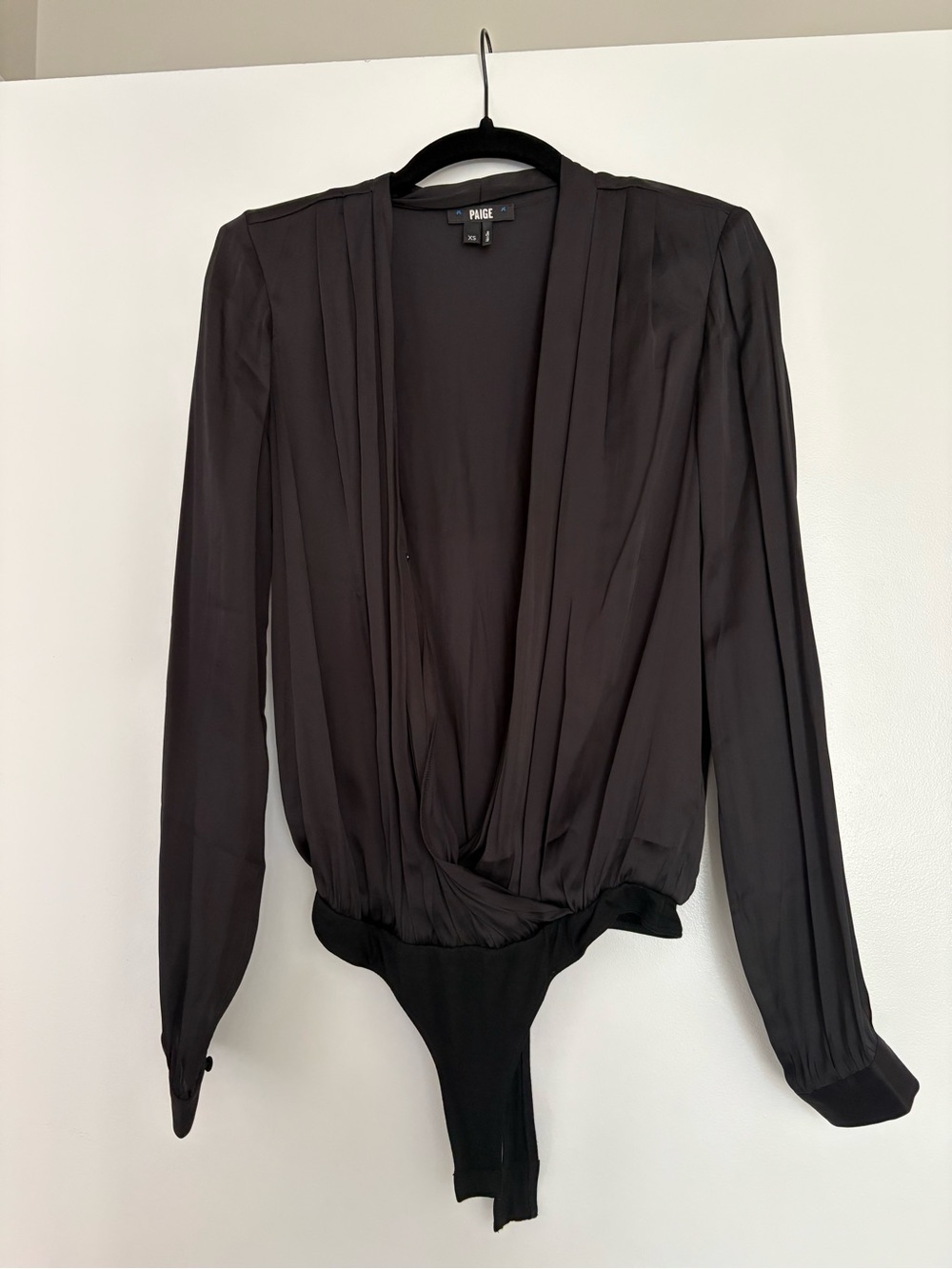 PAIGE Black Long-Sleeve Draped V-Neck Bodysuit